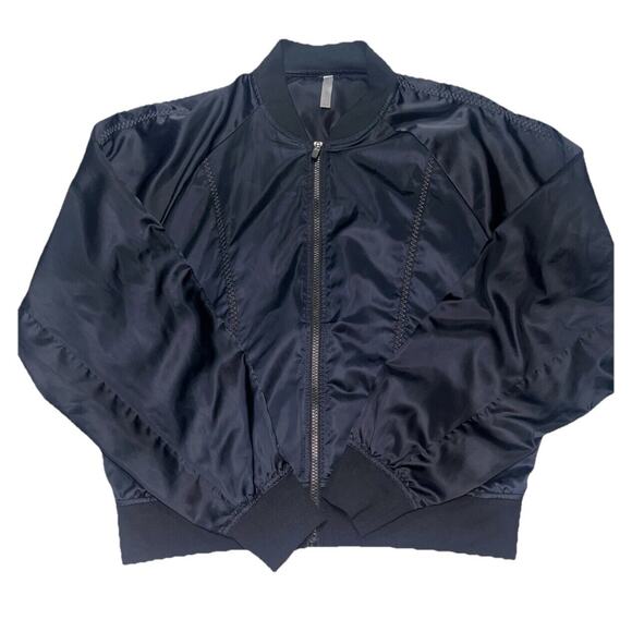 Fabletics x Demi Lovato Bomber Jacket Size Large Black Satin Tori Woven Active - Picture 1 of 16
